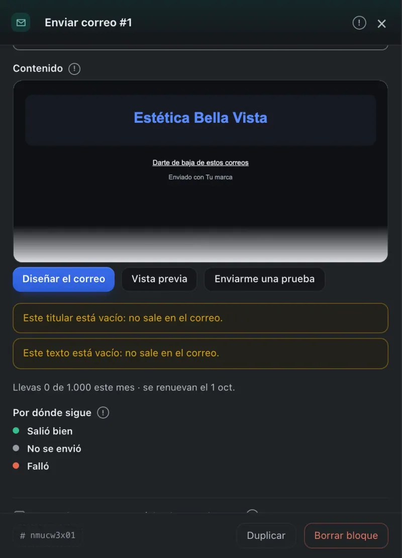 Pantalla «Editor de flujos». Señalado con el número 8: el botón «Enviarme una prueba».