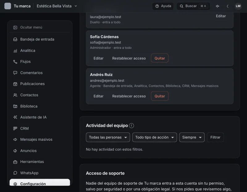 Pantalla «Configuración → Equipo». Señalado con el número 1: editar a Andrés Ruiz.