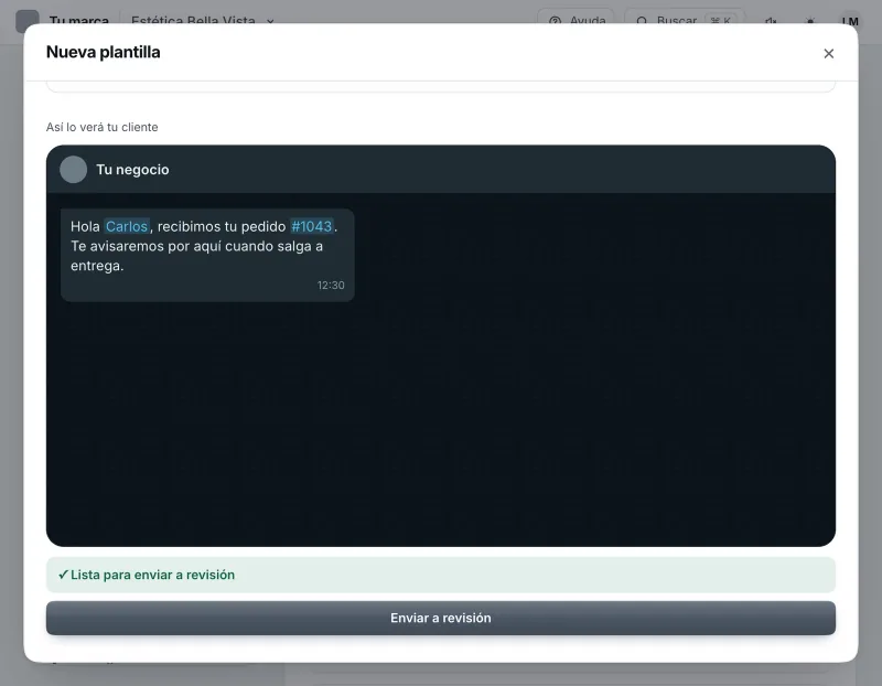 Pantalla «WhatsApp → Herramientas». Señalado con el número 8: el botón «Enviar a revisión».