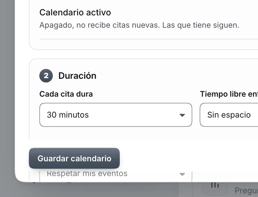 Pantalla «Herramientas». Señalado con el número 4: la duración de cada cita.