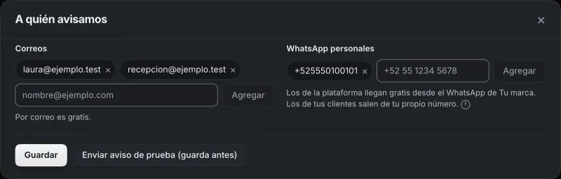 Ventana «A quién avisamos». Señalado con el número 3: la caja para un WhatsApp.