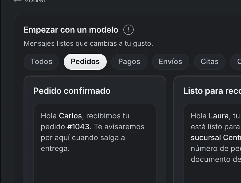 Pantalla «WhatsApp → Herramientas». Señalado con el número 5: los modelos de plantillas.