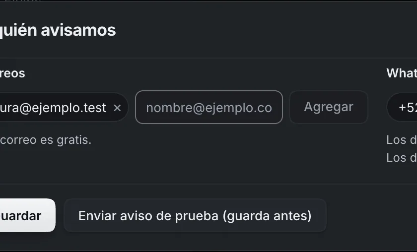 Ventana «A quién avisamos». Señalado con el número 2: la caja para un correo.