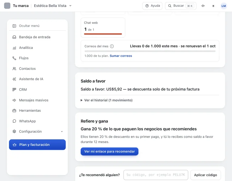 Pantalla «Plan y facturación». Señalado con el número 1: el saldo a favor.