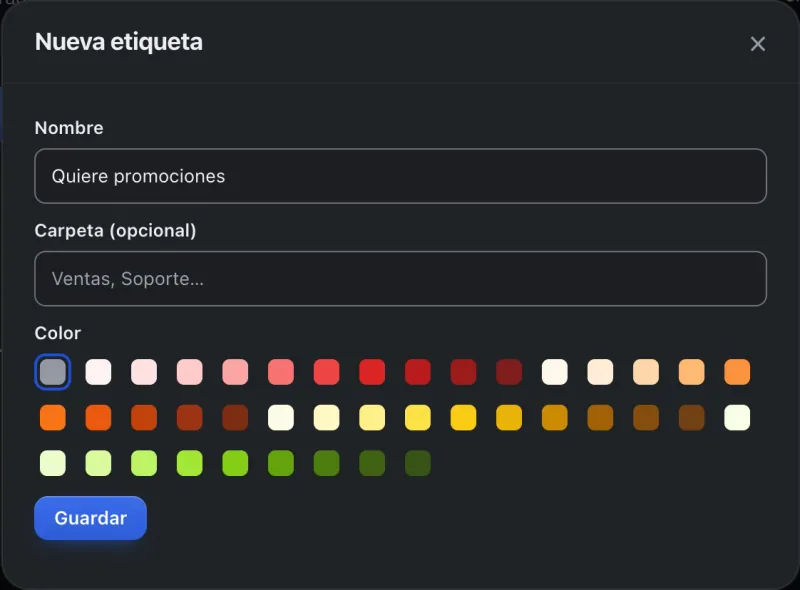 Ventana «Nueva etiqueta». Señalado con el número 3: el botón «Guardar».
