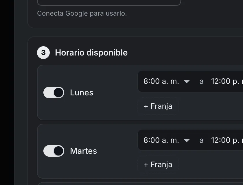Pantalla «Herramientas». Señalado con el número 5: el horario del lunes.