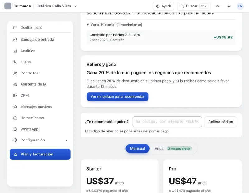 Pantalla «Plan y facturación». Señalado con el número 4: el botón «Ver mi enlace para recomendar».