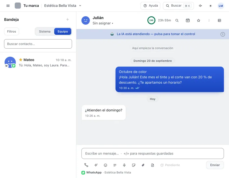 Pantalla «Bandeja de entrada». Señalado con el número 2: el chat de Mateo.