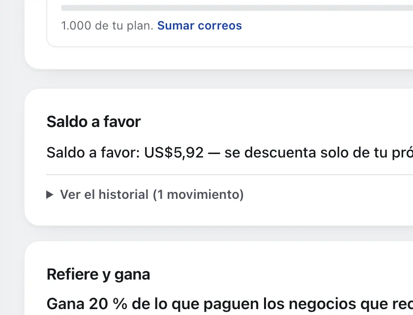 Pantalla «Plan y facturación». Señalado con el número 1: el saldo a favor.