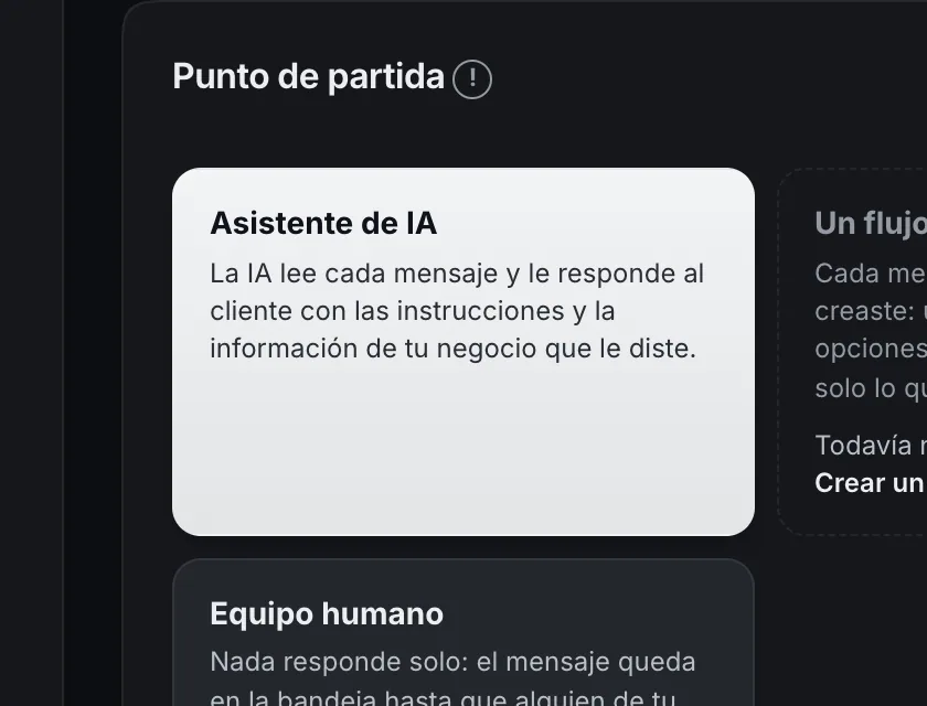 Pantalla «Configuración → Punto de partida». Señalado con el número 1: la opción «Asistente de IA».