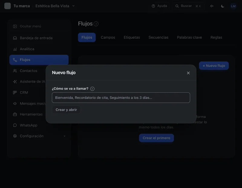 Pantalla «Flujos». Señalado con el número 2: el nombre del flujo.