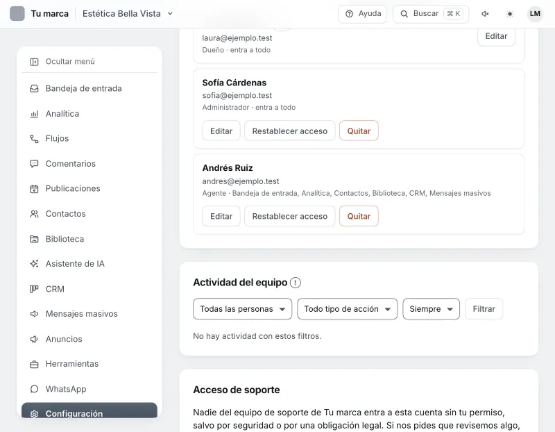 Pantalla «Configuración → Equipo». Señalado con el número 1: editar a Andrés Ruiz.