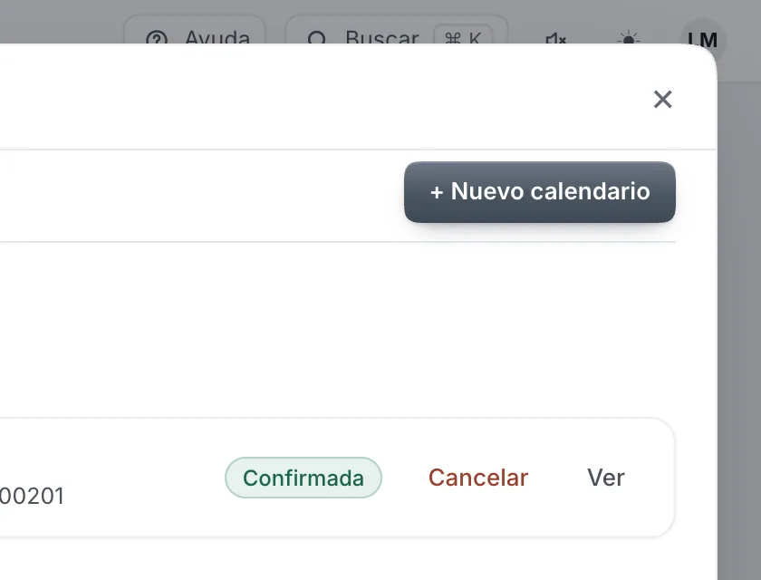 Pantalla «Herramientas». Señalado con el número 2: el botón «+ Nuevo calendario».