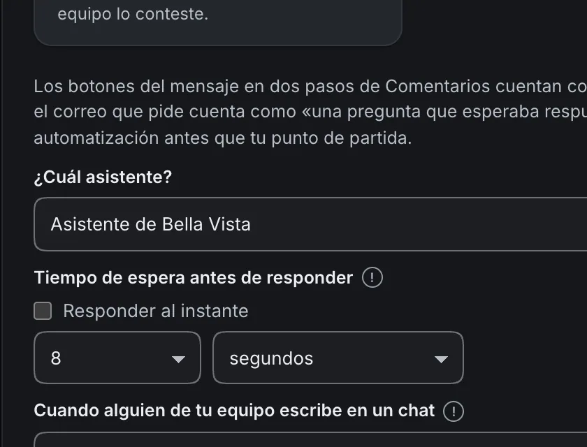 Pantalla «Configuración → Punto de partida». Señalado con el número 2: el desplegable «¿Cuál asistente?».