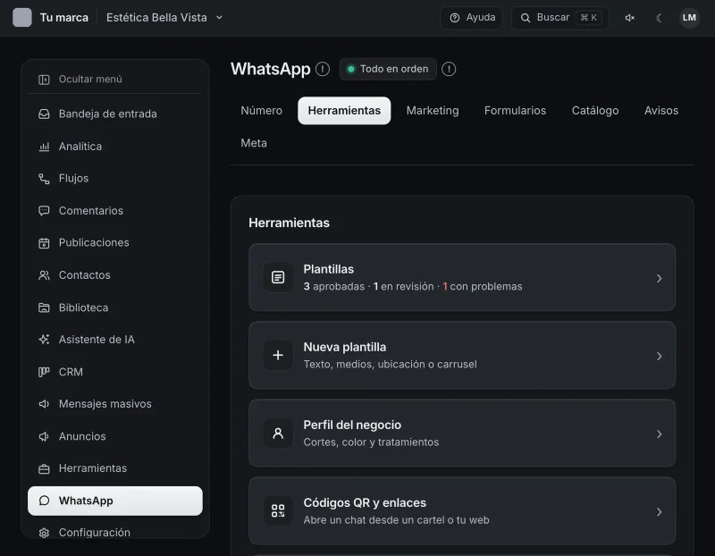 Pantalla «WhatsApp → Herramientas». Señalado con el número 1: la tarjeta «Nueva plantilla».