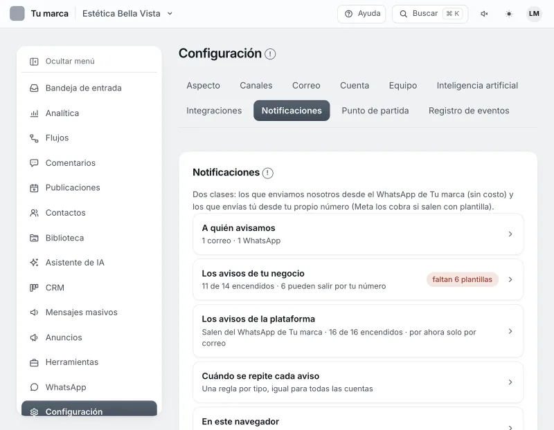 Pantalla «Configuración → Notificaciones». Señalado con el número 1: la fila «A quién avisamos».