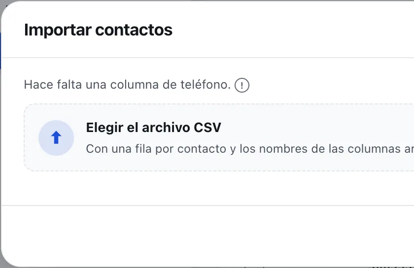 Ventana «Importar contactos». Señalado con el número 2: el botón para elegir el archivo.