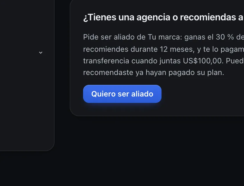 Pantalla «Refiere y gana». Señalado con el número 2: el botón «Quiero ser aliado».