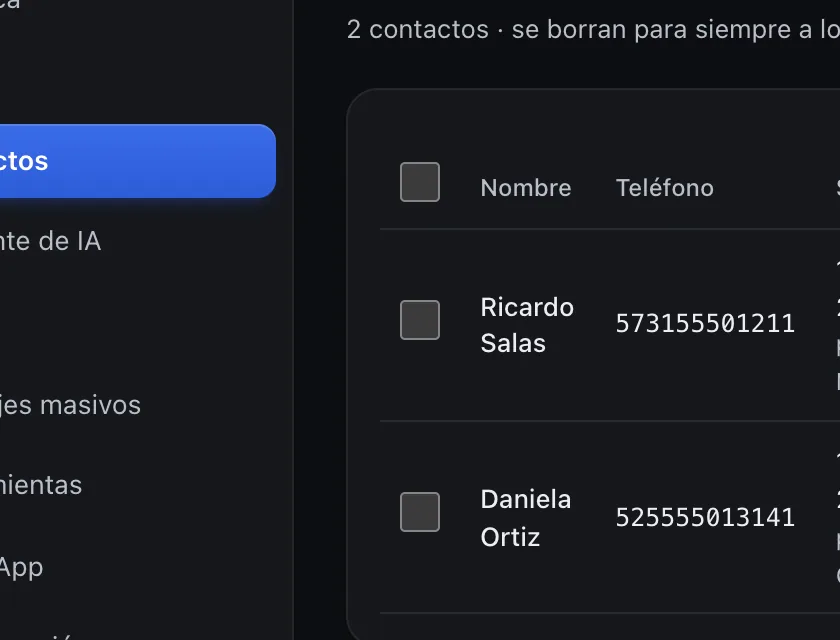 Pantalla «Contactos → Papelera». Señalado con el número 2: la casilla del contacto.
