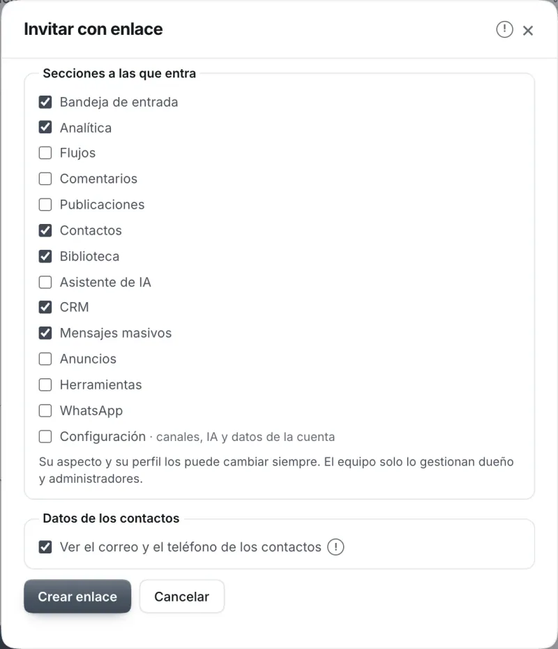 Ventana «Invitar con enlace». Señalado con el número 4: el botón «Crear enlace».