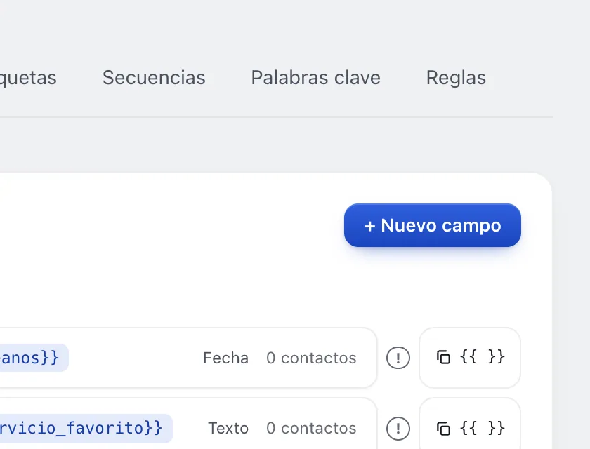 Pantalla «Flujos → Campos». Señalado con el número 1: el botón «+ Nuevo campo».