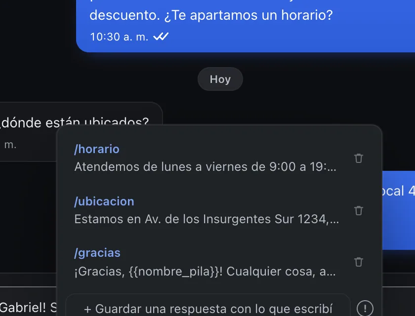 Pantalla «Bandeja de entrada». Señalado con el número 5: la respuesta guardada /horario.