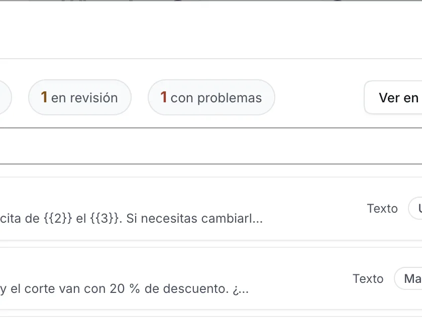 Ventana «Plantillas». Señalado con el número 2: el filtro «con problemas».
