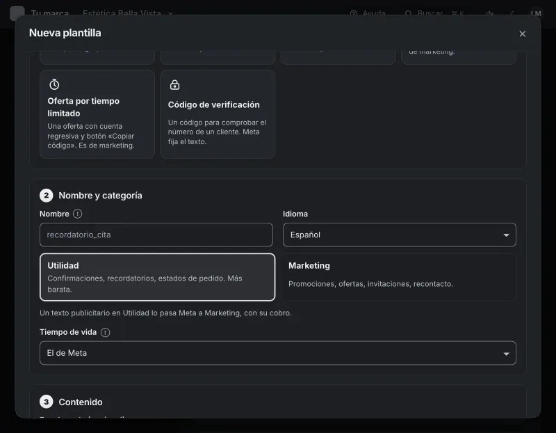 Pantalla «WhatsApp → Herramientas». Señalado con el número 3: el nombre de la plantilla.