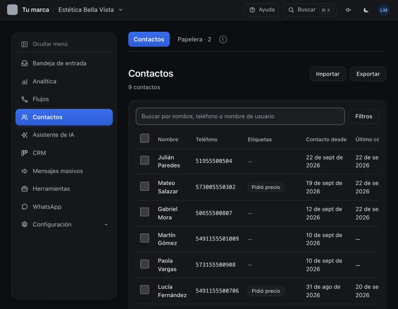 Pantalla «Contactos». Señalado con el número 1: el botón «Importar».