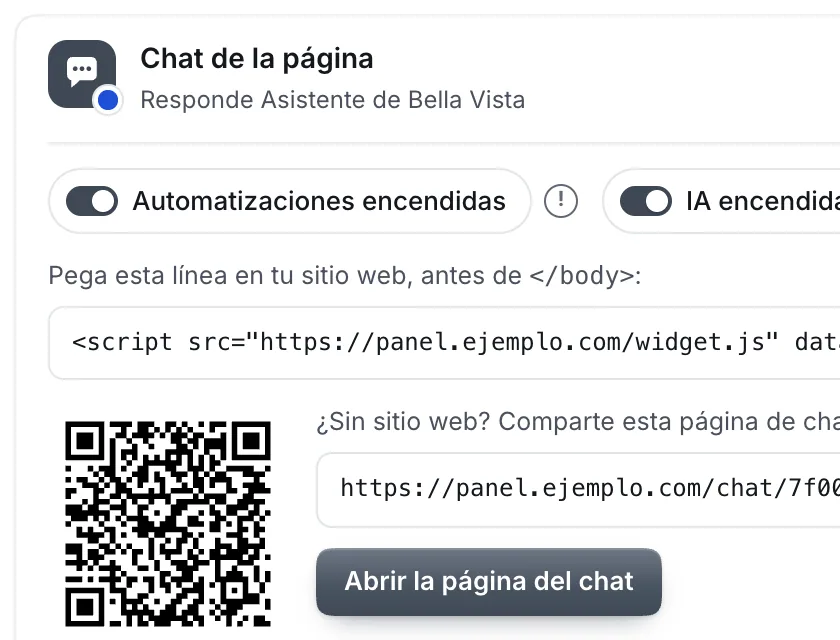Ventana «Chat web». Señalado con el número 2: la línea de código del chat.