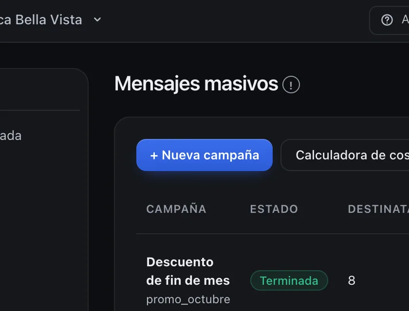 Pantalla «Mensajes masivos». Señalado con el número 1: el botón «+ Nueva campaña».