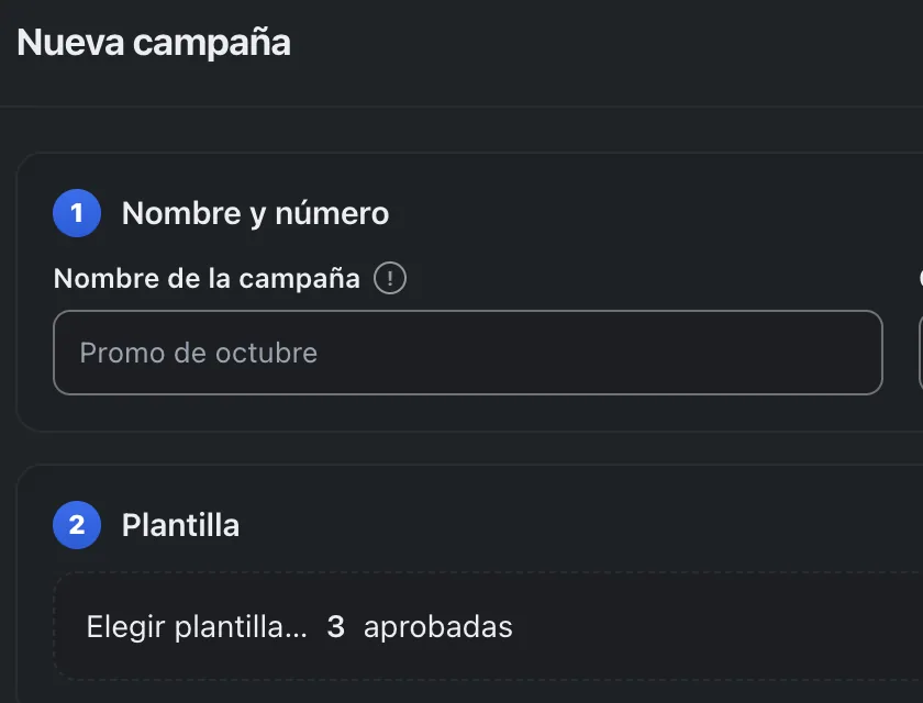 Pantalla «Mensajes masivos». Señalado con el número 2: el nombre de la campaña.