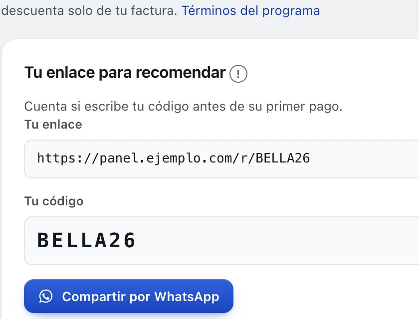 Pantalla «Refiere y gana». Señalado con el número 1: tu enlace para recomendar.