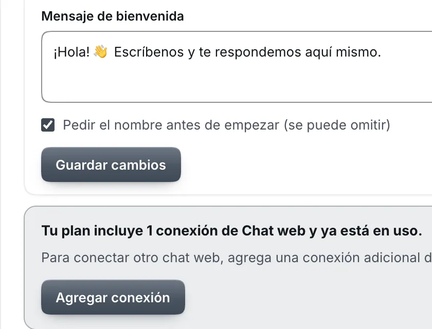 Ventana «Chat web». Señalado con el número 6: el botón «Guardar cambios».