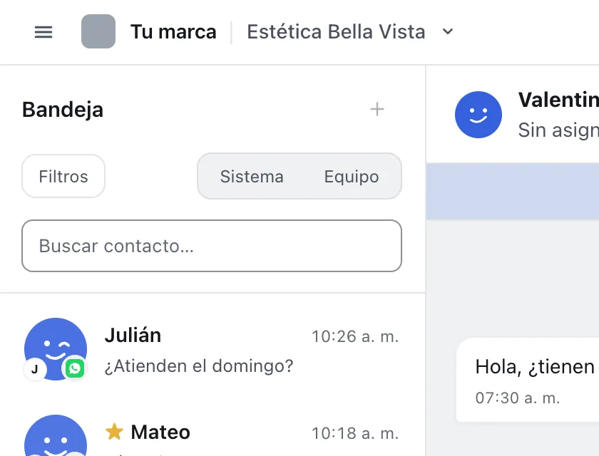 Pantalla «Bandeja de entrada». Señalado con el número 4: los botones «Sistema» y «Equipo».