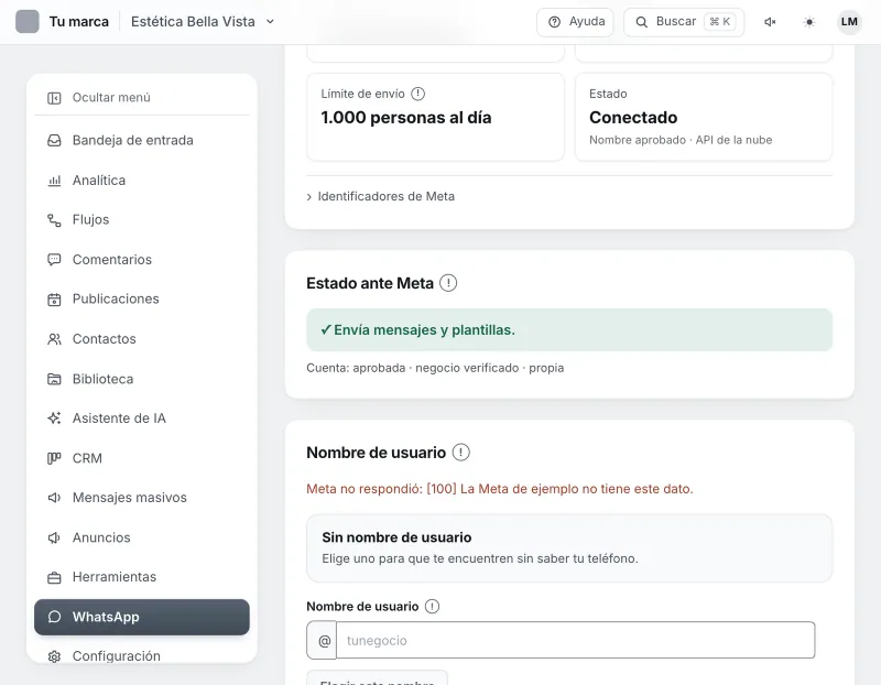 Pantalla «WhatsApp». Señalado con el número 3: el estado ante Meta.