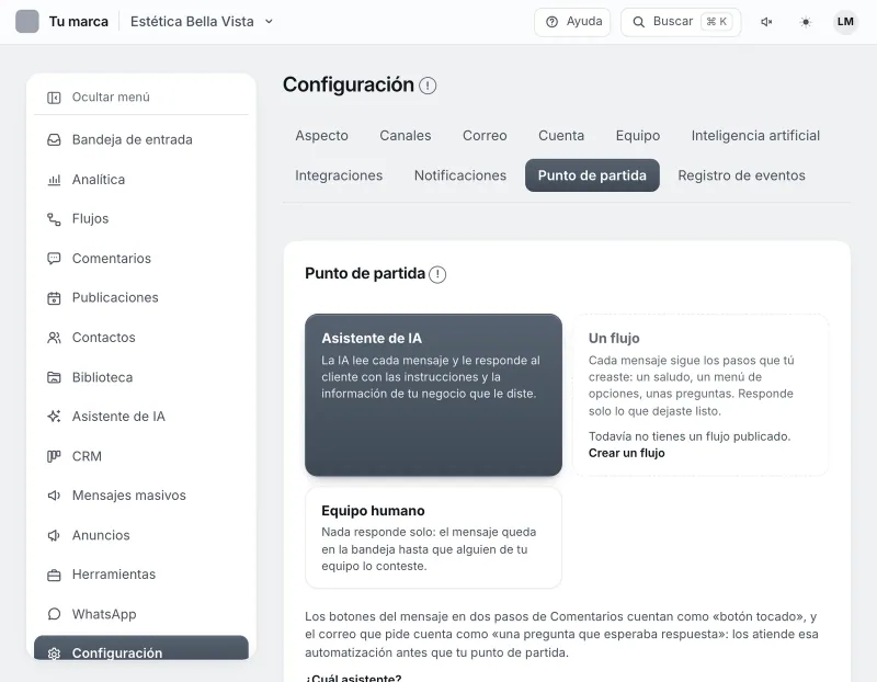 Pantalla «Configuración → Punto de partida». Señalado con el número 1: la opción «Asistente de IA».
