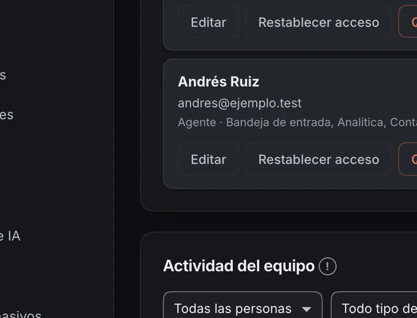 Pantalla «Configuración → Equipo». Señalado con el número 1: editar a Andrés Ruiz.