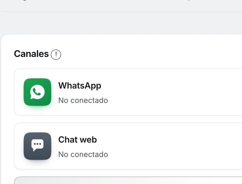 Pantalla «Configuración → Canales». Señalado con el número 1: la fila «WhatsApp».