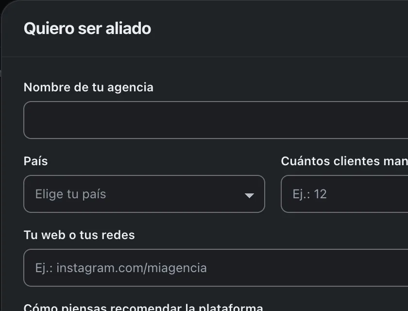 Ventana «Quiero ser aliado». Señalado con el número 3: el nombre de tu agencia.