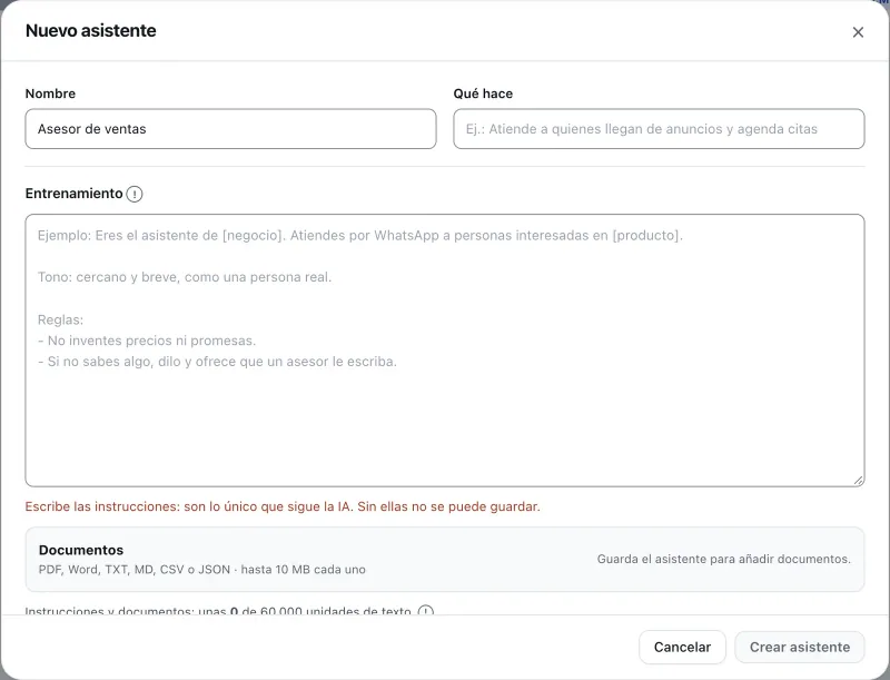 Ventana «Configurar asistente». Señalado con el número 3: las instrucciones del asistente.