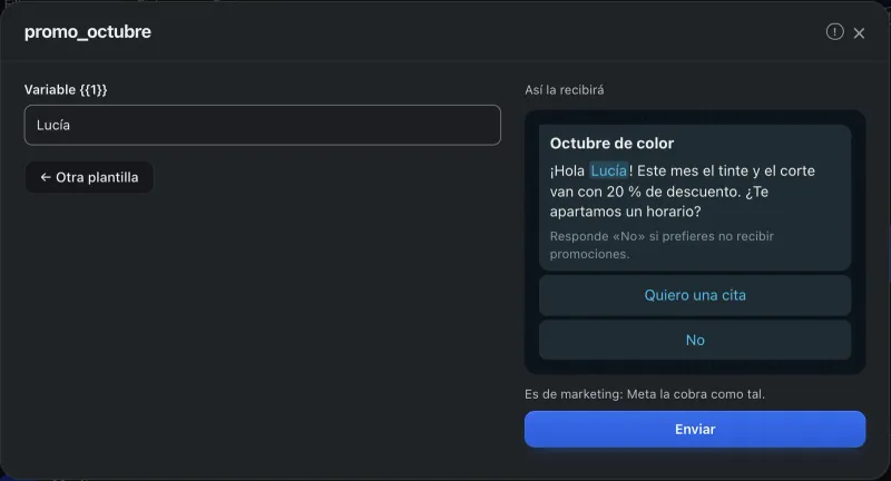 Ventana «promo_octubre». Señalado con el número 5: el botón «Enviar».