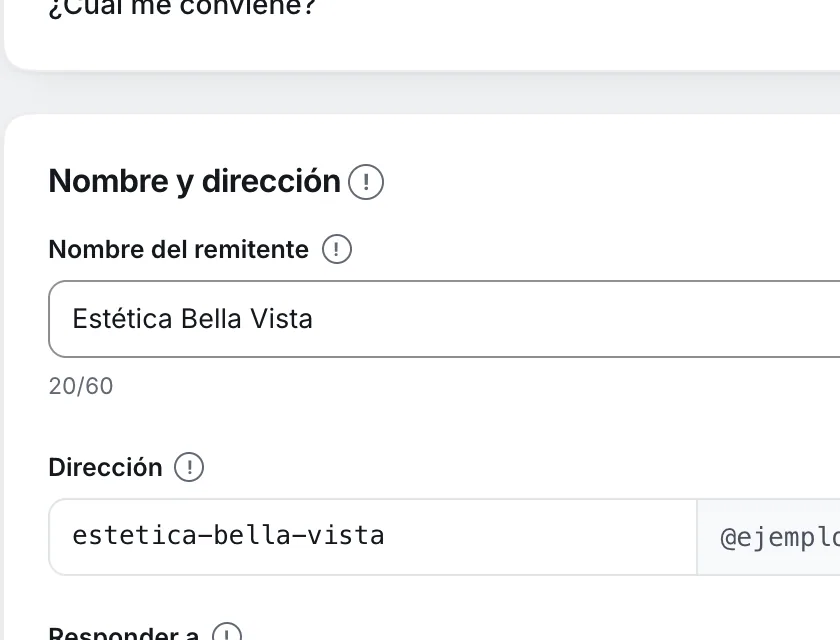 Pantalla «Configuración → Correo». Señalado con el número 2: el botón «Nombre del remitente».