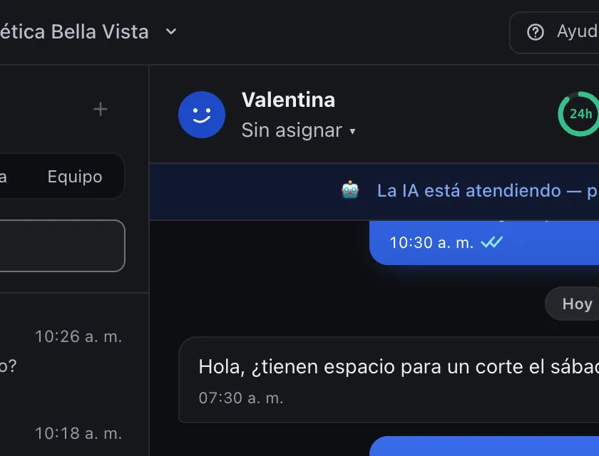 Pantalla «Bandeja de entrada». Señalado con el número 2: quién atiende el chat.