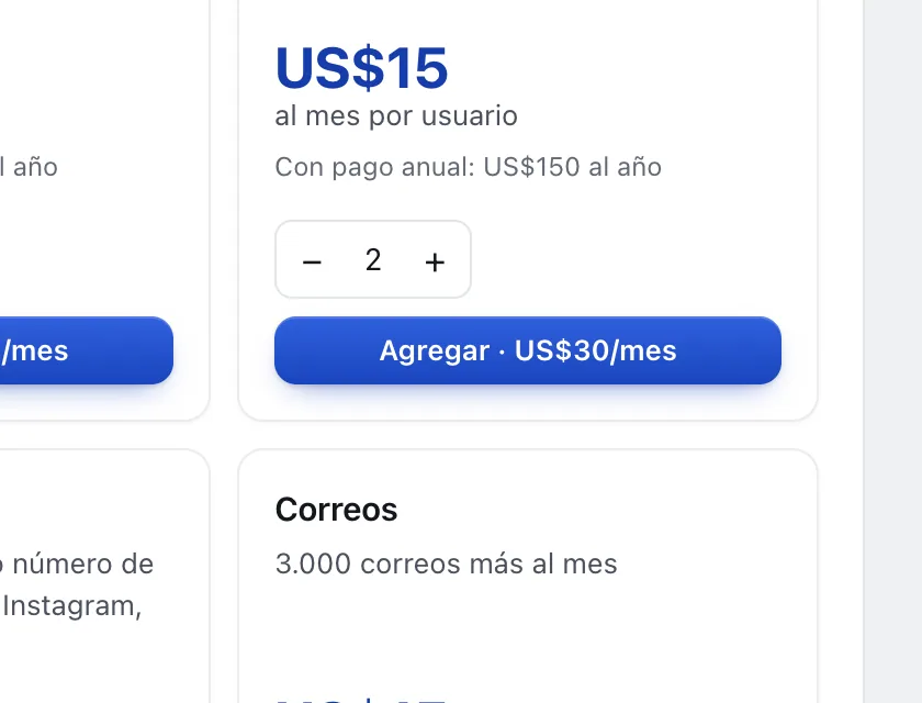Pantalla «Plan y facturación». Señalado con el número 3: el botón «Agregar».