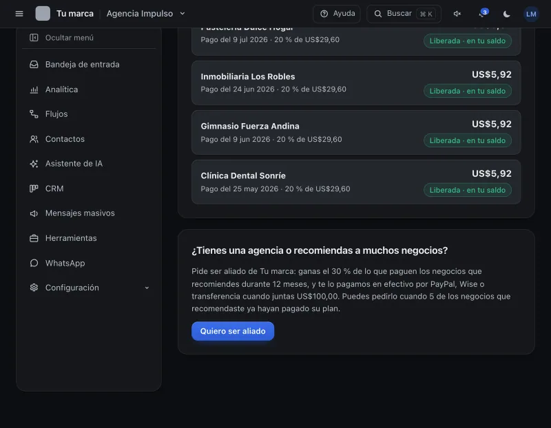 Pantalla «Refiere y gana». Señalado con el número 1: la parte de aliados.