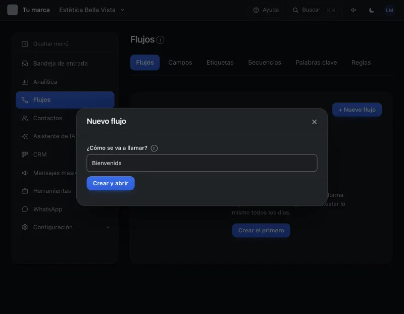 Pantalla «Flujos». Señalado con el número 3: el botón «Crear y abrir».