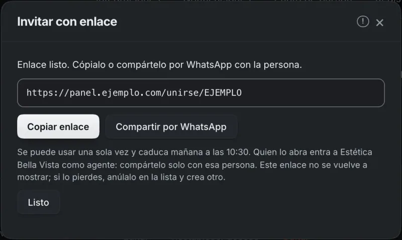 Ventana «Invitar con enlace». Señalado con el número 5: los botones para compartir el enlace.