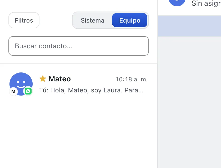 Pantalla «Bandeja de entrada». Señalado con el número 2: el chat de Mateo.