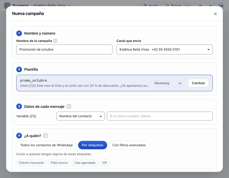 Pantalla «Mensajes masivos». Señalado con el número 7: la etiqueta «Cliente frecuente».